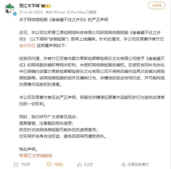 多多策略 微短剧《偷偷藏不住之许你》侵权？晋江文学城、哇唧唧哇各执一词
